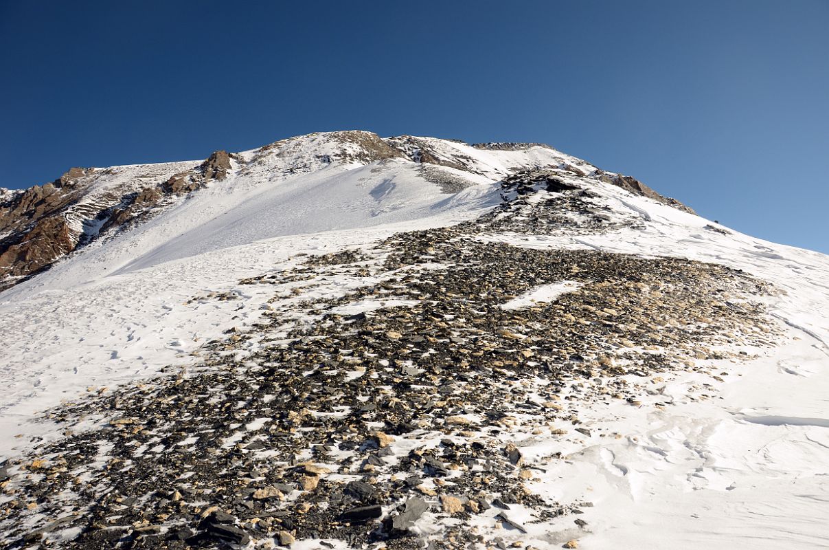 Click to enlarge -
Looking Up At The Trail To Dhampus Peak Summit With The Normal Route Coming In At The Top Left From The Top Of The Ridge Above Kalopani At 5646m Climbing Dhampus Peak
Looking Up At The Trail To Dhampus Peak Summit With The Normal Route Coming In At The Top Left From The Top Of The Ridge Above Kalopani At 5646m Climbing Dhampus Peak
